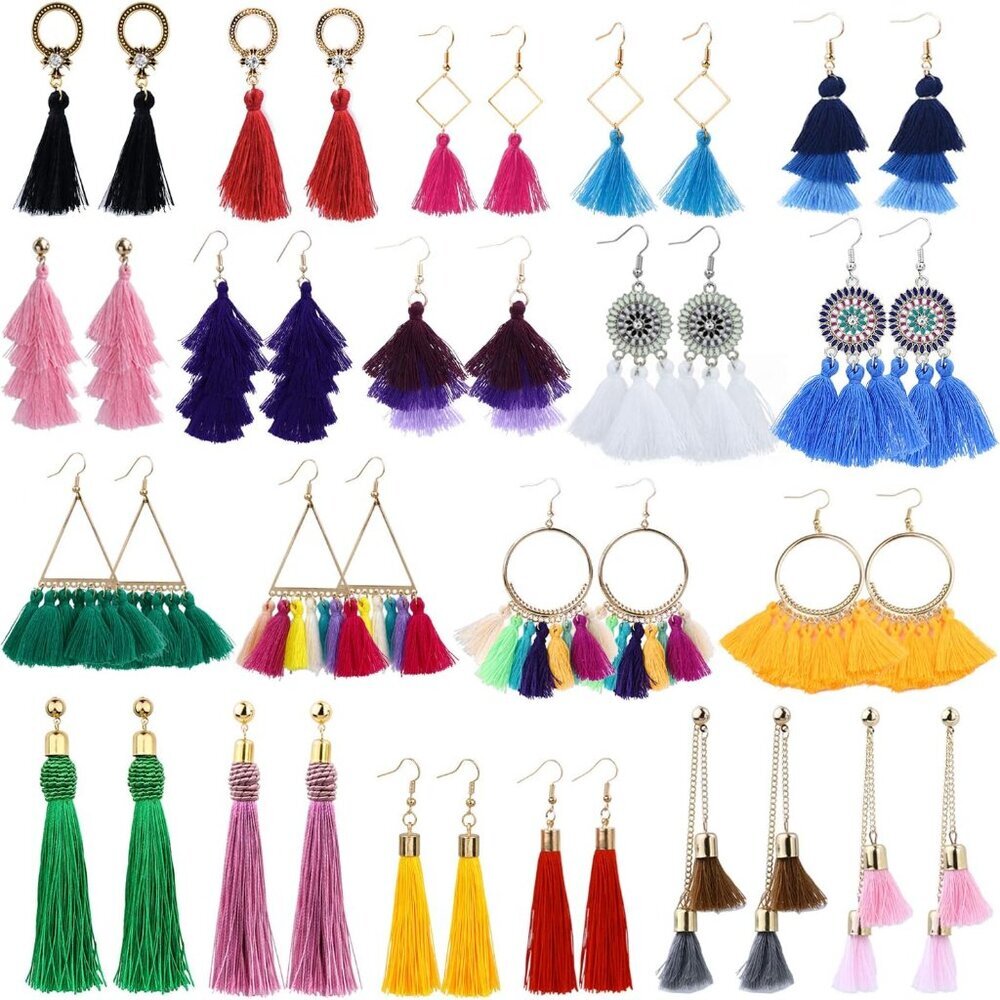 18-32 Pairs Tassel Earrings Set with Colorful Tassel Long Layered Dangle Hoop Ti
